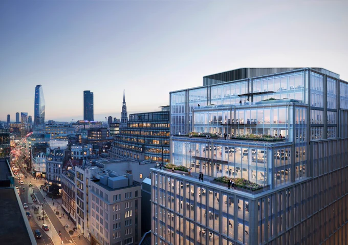 Roof terraces at Stonecutter Court, a new office building in Farringdon, London.