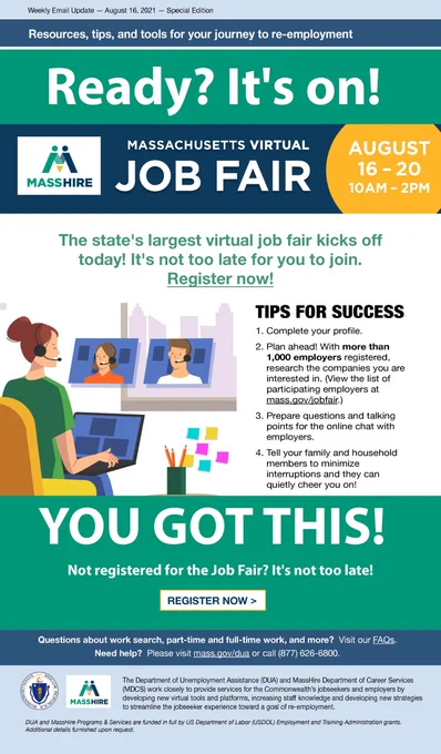 Job fair graphic with Tips for Success. Register at mass.gov/jobfair.