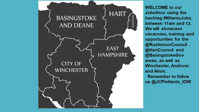 WELCOME to our JobsHour using the hashtag #NHantsJobs, between 11am and 12. We will showcase vacancies, training and opportunities for the @RushmoorCouncil . @HartCouncil and @BasingstokeGov areas, as well as Winchester, Andover and Alton.   Remember to follow us @JCPinHants_IOW on a map of the area