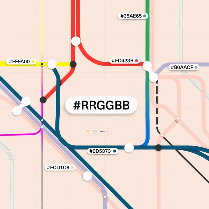 An image displaying HEX color codes for coding in a format that looks like a subway route map.