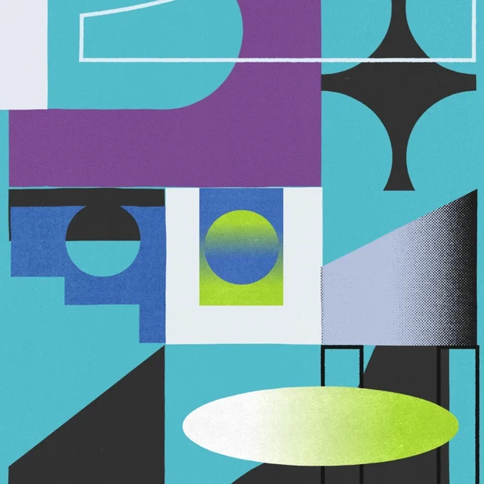 An image displaying cool colors in various shapes and shades of blue, green, black, and white.