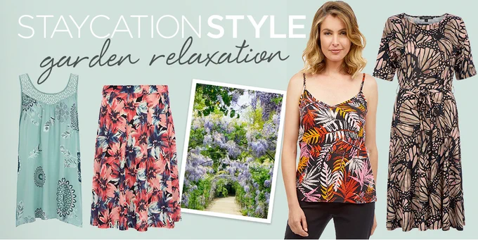 A photograph of a flowery skirt, a flowery green tank top, a butterfly dress and a cami top with the text 'Staycation, garden relaxation'