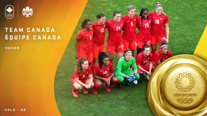 The women's soccer team poses for a group photo. Gold graphic design from the top left to bottom right. White text in capital letters:

Team Canada
Équipe Canada
Soccer
Gold • Or

A Tokyo 2020 gold medal on the bottom right.
