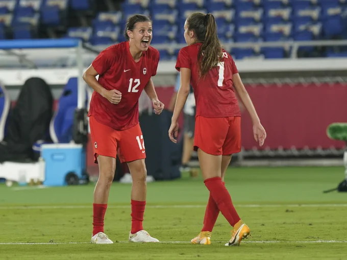 Christine Sinclair and Julia Grosso celebrate on the field after winning gold. Sinclair has her jaw dropped after Grosso scored. 