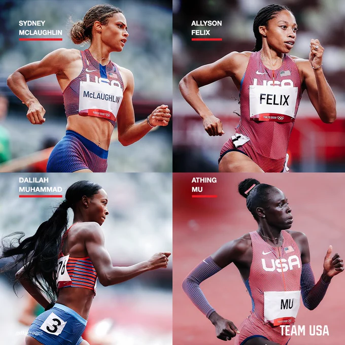 Graphic of the U.S. Women's 4x400m Relay Team. Sydney McLaughlin, Allyson Felix, Dalilah Muhammad and Athing Mu are pictured running. 