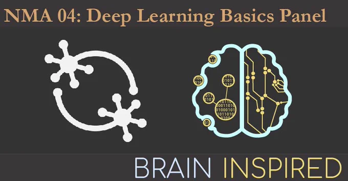 Graphic content: Banner depicting the title of the podcast "NMA 04: Deep Learning Basics Panel" followed by logos of Neuromatch and Brain Inspired podcast.