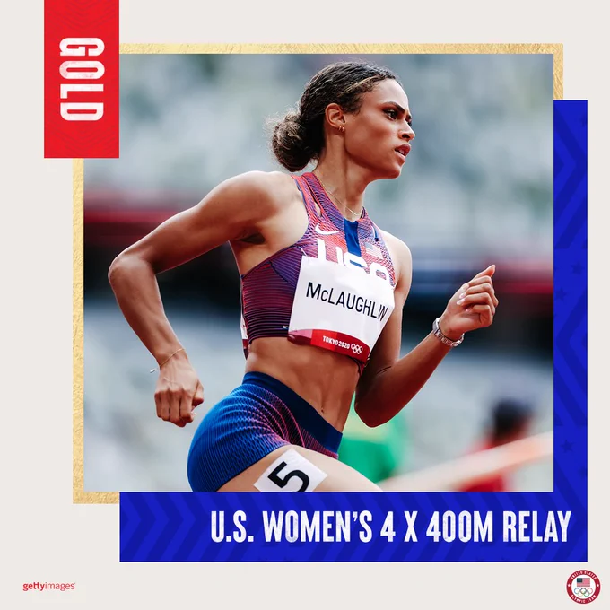 A graphic that reads,"GOLD - U.S. Women's 4x400m Relay." Sydney McLaughlin pictured. 