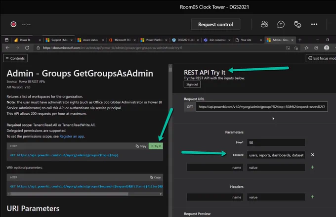 Microsoft Power BI Docs Admin Groups GetGroupsAsAdmin doco page
