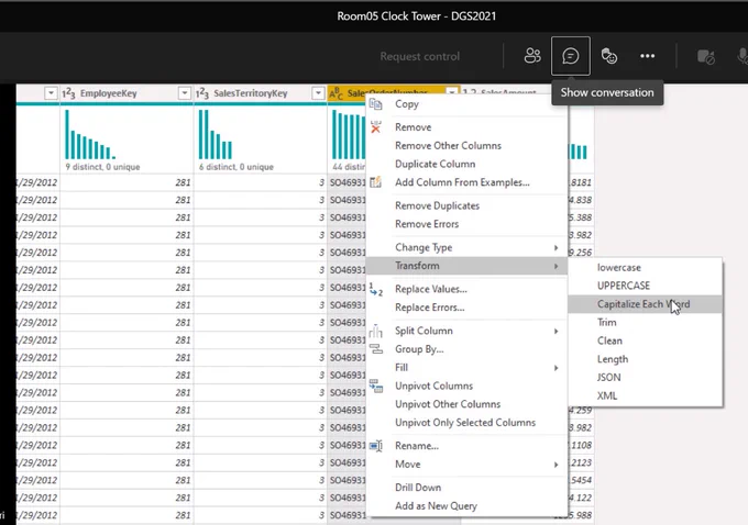 Power Query Editor right-click on column to access Transform menu for data type