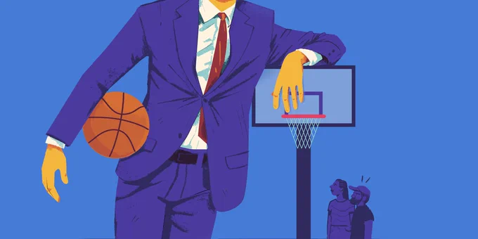 A basketball court. A giant in a business suit is leaning on the backboard, so tall his head is out of the shot. He is holding the basketball under one arm. Beneath the backboard are a woman and a man, looking up at the giant, angry expressions on their faces.