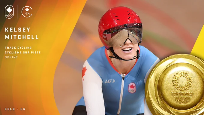 A midshot of Kelsey Mitchell riding on the velodrome track. Her helmet visor covers the top half of her face and is reflective. Gold graphic design on the left down to the bottom right. White text in capital letters:

Kelsey Mitchell
Track cycling
Cyclisme sur piste
Sprint
Gold • Or

A Tokyo 2020 gold medal on the bottom right.