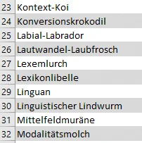 Ein Screenshot einer Excel-Tabelle mit neuen Monsternamen für Dungeons and Syntax: Kontext-Koi, Konversationskrokodil, Labial-Labrador, Lautwandel-Laubfrosch, Lexemlurch, Lexikonlibelle, Linguan, Linguistischer Lindwurm, Mittelfeldmuräne, Modalitätsmolch