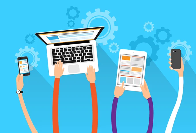 A drawing of arms using a variety of laptops, iPads, and cellphones to access eLearning. 