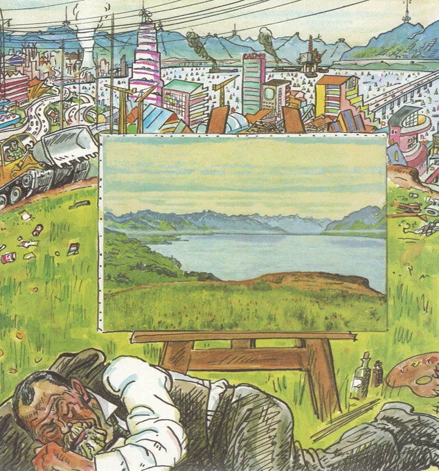 Landschaft am Genfersee frei nach Ferdinand Hodler, Karikatur von Hans U. Steger für das Titelbild des Nebelspalters vom 27.4.1982
(Archiv für Zeitgeschichte ETH Zürich, NL Hans U Steger / 67)