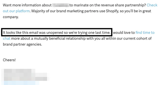 Screenshot of email with highlighted text saying "it looks like this email was unopened so we're trying one last time."