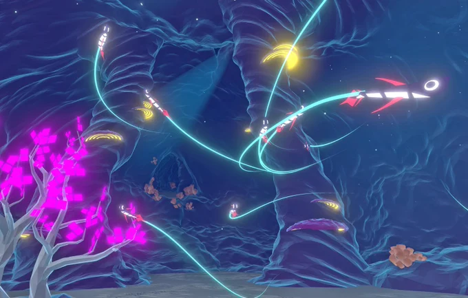 A screenshot of DEEP, a virtual reality biofeedback game. Picture shows a fantasy underwater world with fish and illuminating plants. 