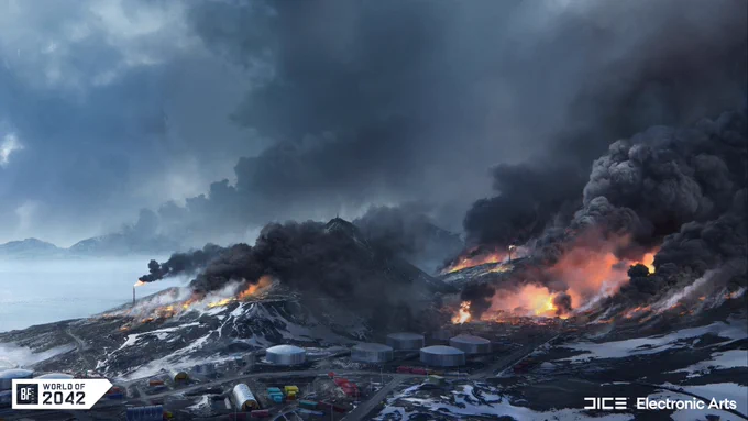 Battlefield 2042 map, Breakaway in Queen Maud Land, Antarctica. The Cheftaya Neft oil facility is ablaze surrounded by smoke which is being swept away by wind.