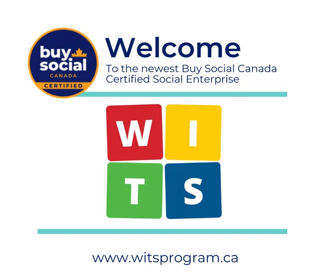 Welcome graphic for WITS Programs with logo. Text says Welcome to the newest Buy Social Canada Certified Social Enterprise. Website for wits is www.witsprograms.ca
