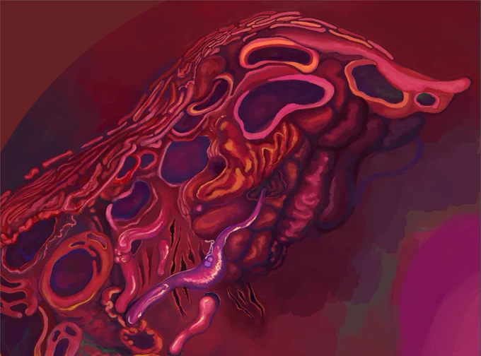 a detail photo of a digital painting. the subject is abstracted gore, with many open holes looking like cross-sections of blood vessels or organs. there are shiny, worm-like tubes weaving in and out of the image. near the centre bottom are several tears in the flesh. the lower right part of the painting is incomplete, with unblended purples, greens and magentas haphazardly layered. 