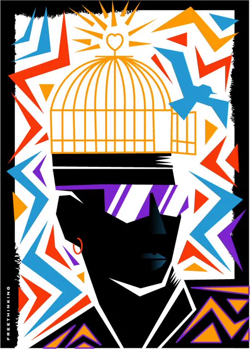 Illustration of a persons head with a bird cage on top and bird flying out