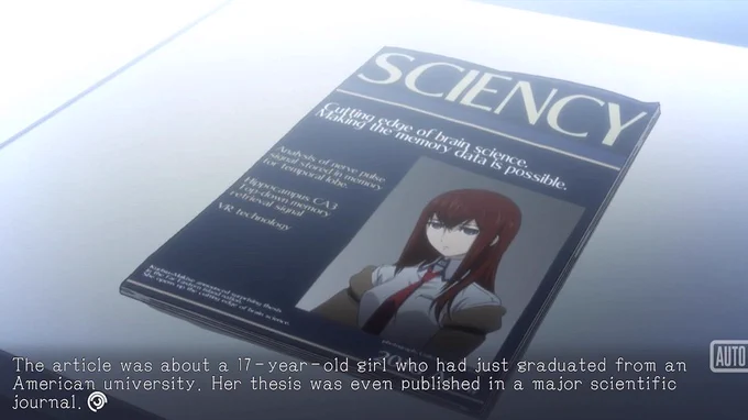 Screenshot of the visual novel Steins;Gate of a magazine reading "SCIENCY" with a picture of Makise Kurisu on it. Text at the bottom reads "The article was about a 17-year-old girl who had just graduated from an American university. Her thesis was even published in a major scientific journal."