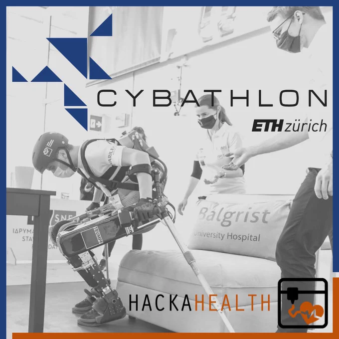 In the background, the pilot from the VariLeg enhanced team is getting up from a chair using the lower limb exoskeleton. In the foreground, logos from CYBATHLON ETH Zurich and HackaHealth added. 