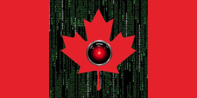 The Canadian flag; in the centre of the maple leaf is the glowing red eye of HAL9000; the white field has been replaced by a Matrix 'code waterfall' effect.