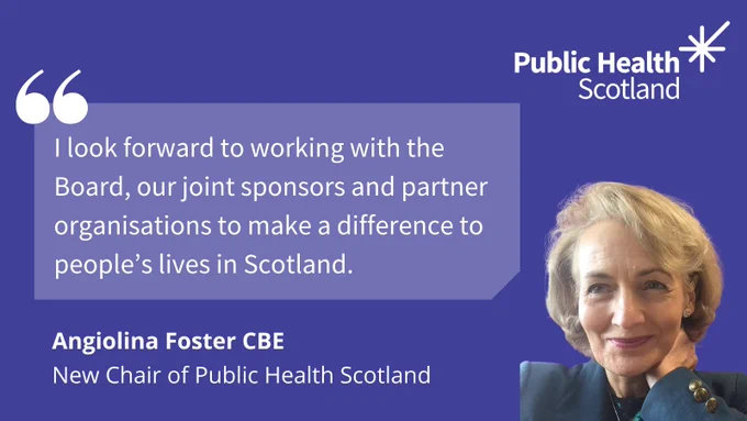 Graphic featuring image of Angiolina Foster CBE and quote saying: "I look forward to working with the Board, our joint sponsors and partner organisations to make a difference to people's lives in Scotland."