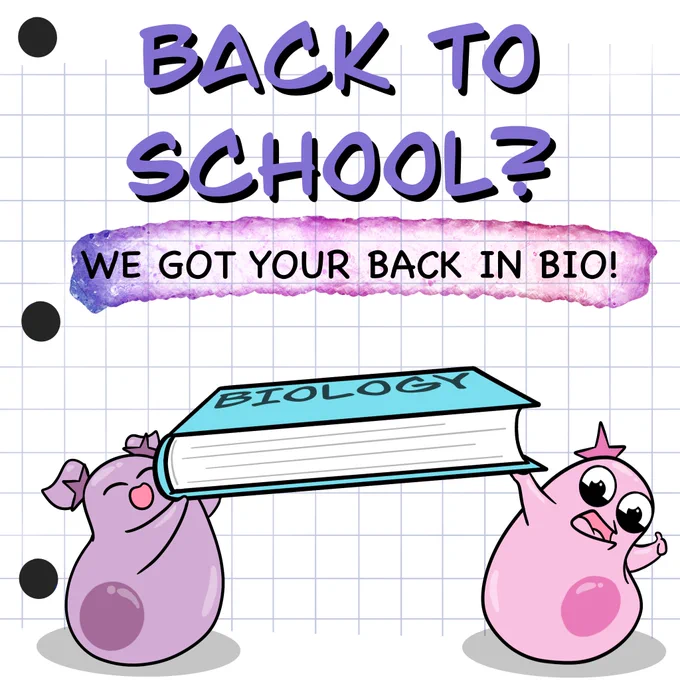 Two amoebas holding up a biology textbook with "We got your back in bio" text.