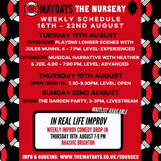 The Maydays weekly improv schedule.