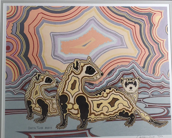 Photo of a painting showing a ferret family in their natural habitat, colors have the pattern of an iconic gemstone called Fairburn Agate, courtesy of Dustin Twiss. 