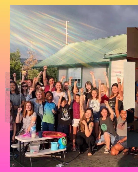 there are 3 slides of photos featuring Rogue Climate (RC) youth. First slide is a photo of a smiling group of multi-racial and multi-gender youth with their fists up. Second slide is RC youth giving an emergency preparedness training in a class room setting. Last slide is RC youth holding signs that read “Keep our waters clean: say no to LNG pipeline” and “stop Jordan cove! NoLNGexports.org”