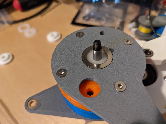 a fully assembled DIY thrust bearing embedded in the joint for a five bar linkage