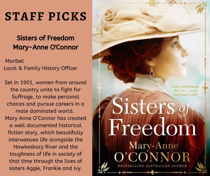 Set in 1901, women from around the country unite to fight for Suffrage, to make personal choices and pursue careers in a male dominated world.  Mary Anne O’Connor has created a well documented historical fiction story, which beautifully interweaves life alongside the Hawkesbury River and the toughness of life in society of that time through the lives of sisters Aggie, Frankie and Ivy.
