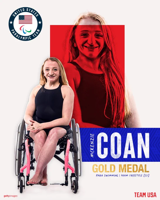 McKenzie Coan gold medal graphic for the 400m freestyle S7. McKenzie Coan is pictured smiling. 