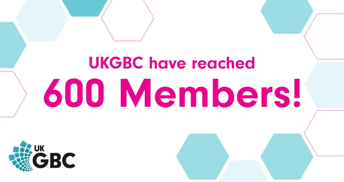 Graphic that reads: "UKGBC have reached 600 members!" in pink text. It's on a white background, framed by teal hexagons with the UKGBC logo in the bottom left hand corner. 