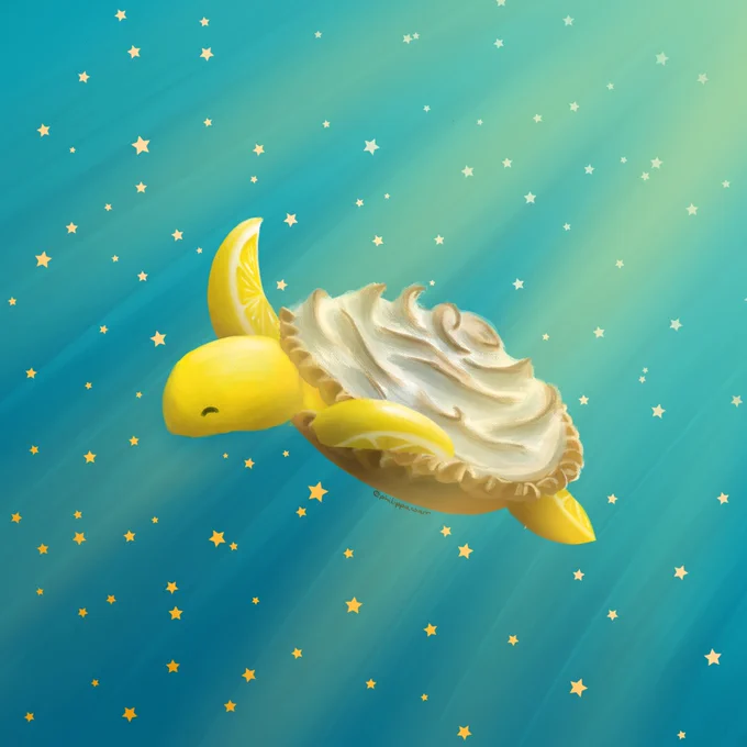 Digital illustration of a sea turtle made from a lemon meringue pie!