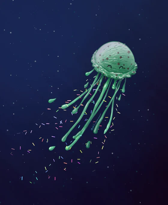 Digital illustration of a jellyfish made from a scoop of ice cream and drip tentacles!