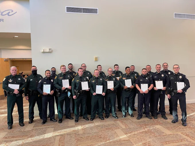 Law enforcement officers from the Haines City Police Department, Polk County Sheriff’s Office, Osceola County Sheriff’s Office and Lake Hamilton Police Department show their accommodations at Lake Eva Event Center.