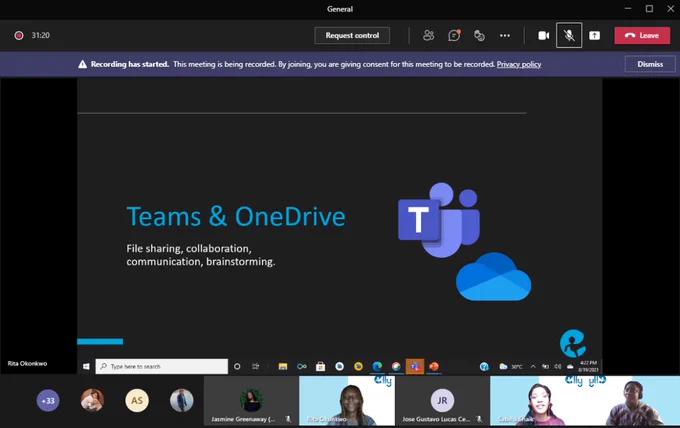 Microsoft Teams meeting slide deck; the slide reads "Teams & OneDrive, File sharing, collaboration, communication, brainstorming". Beside the text are the Microsoft Teams and OneDrive logos.