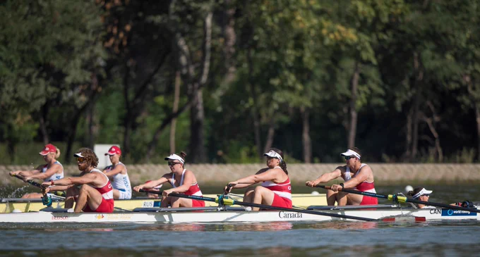 Canadian para-rowers Kyle Frederickson, Victoria Nolan, Bayleigh Hooper, Andrew Todd and Laura Court competing in a race at the 2018 World Rowing Championships in Bulgaria.
