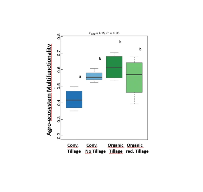 Ecosystem multifunctionality in organic and conventional arable farming systems with tillage, with reduced tillage or without tillage (no tillage). This graphs shows the overall average response of 43 agroecosystem properties including yield, soil quality, soil erosion, soil structure, various biodiversity measures, income per hectare, air pollution (climate warming potential on a hectare basis), ecotoxicity and eutrophication potential. The results were obtained from the FArming Systems and Tillage (FAST) Experiment in Switzerland. Results of the first crop rotation (6 years). See Wittwer et al. 2021.