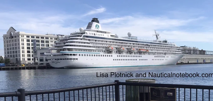 A starboard side view of the cruise ship Crystal Symphony docked adjacent to Boston’s Design Center.