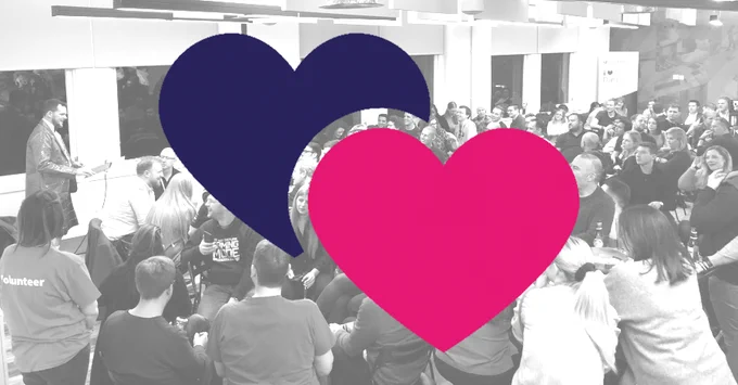 Black and White Scottish Summit after party at Incremental Groups office.

Full pink hear in front of a three quarters blue heart