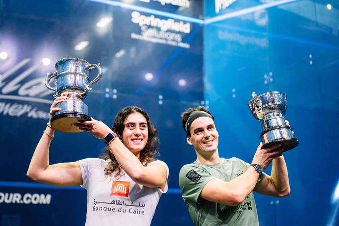 Nour El Sherbini and Paul Coll with the 2021 Allam British Open trophies