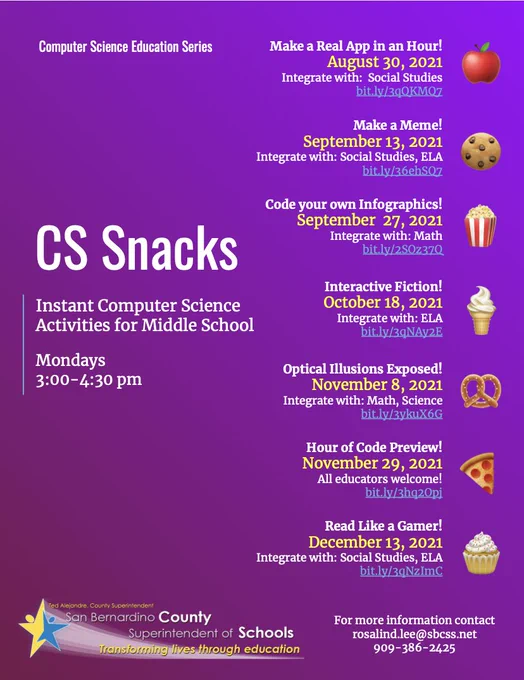 CS Snacks: Instant computer science actives for middle school: make a real app in an hour, make a meme, code your own infographics, interactive fiction, optical illusions exposed, hour of code preview, read like a gamer.