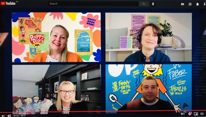 Screenshot of YouTube screen divided into 4 - showing all authors smiling