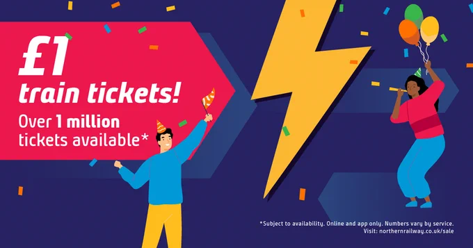 Graphic showing a lighting flash with celebrations. Text on the graphic reads ‘£1 train tickets. Over 1million tickets available’  