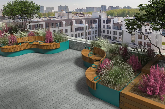 CGI showing Furnitubes AKRI600 range in an urban rooftop scene