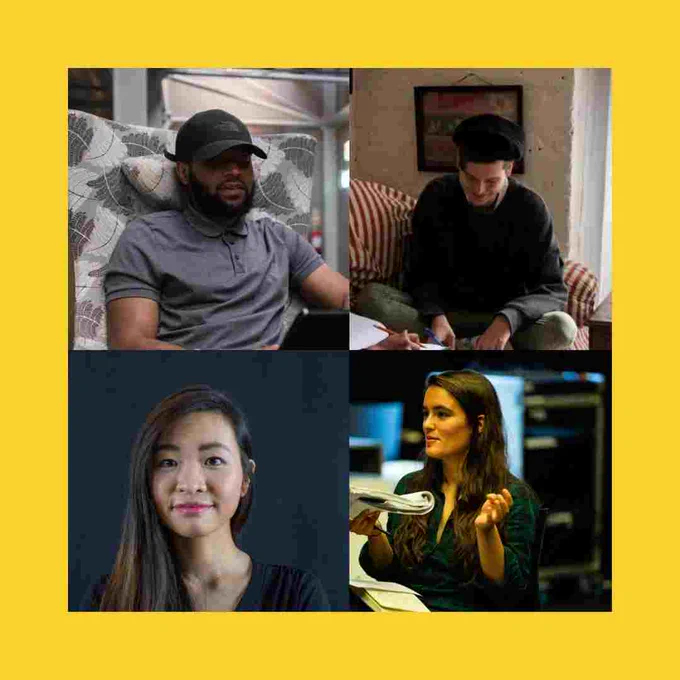 A collage of four people: top left, a man in a grey shirt and baseball cap looking at a laptop, top right, a man cross-legged on a sofa writing on a head of paper, bottom left, a headshot of a woman smiling at the camera, bottom right, a woman with a script in one hand looking to the side and gesturing with the other hand.